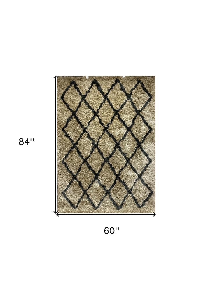 5' X 7' Cream and Black Lattice Area Rug