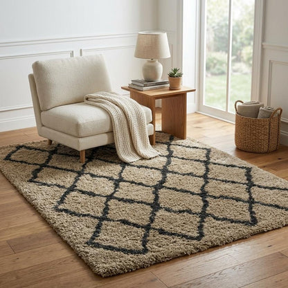 5' X 7' Cream and Black Lattice Area Rug