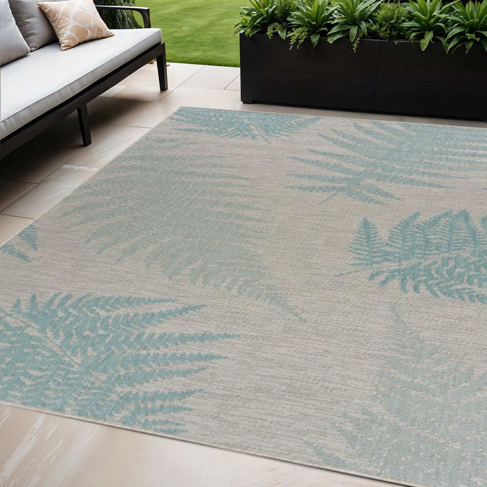 5' X 7' Beige And Teal Blue Fern Leave Indoor Outdoor Area Rug