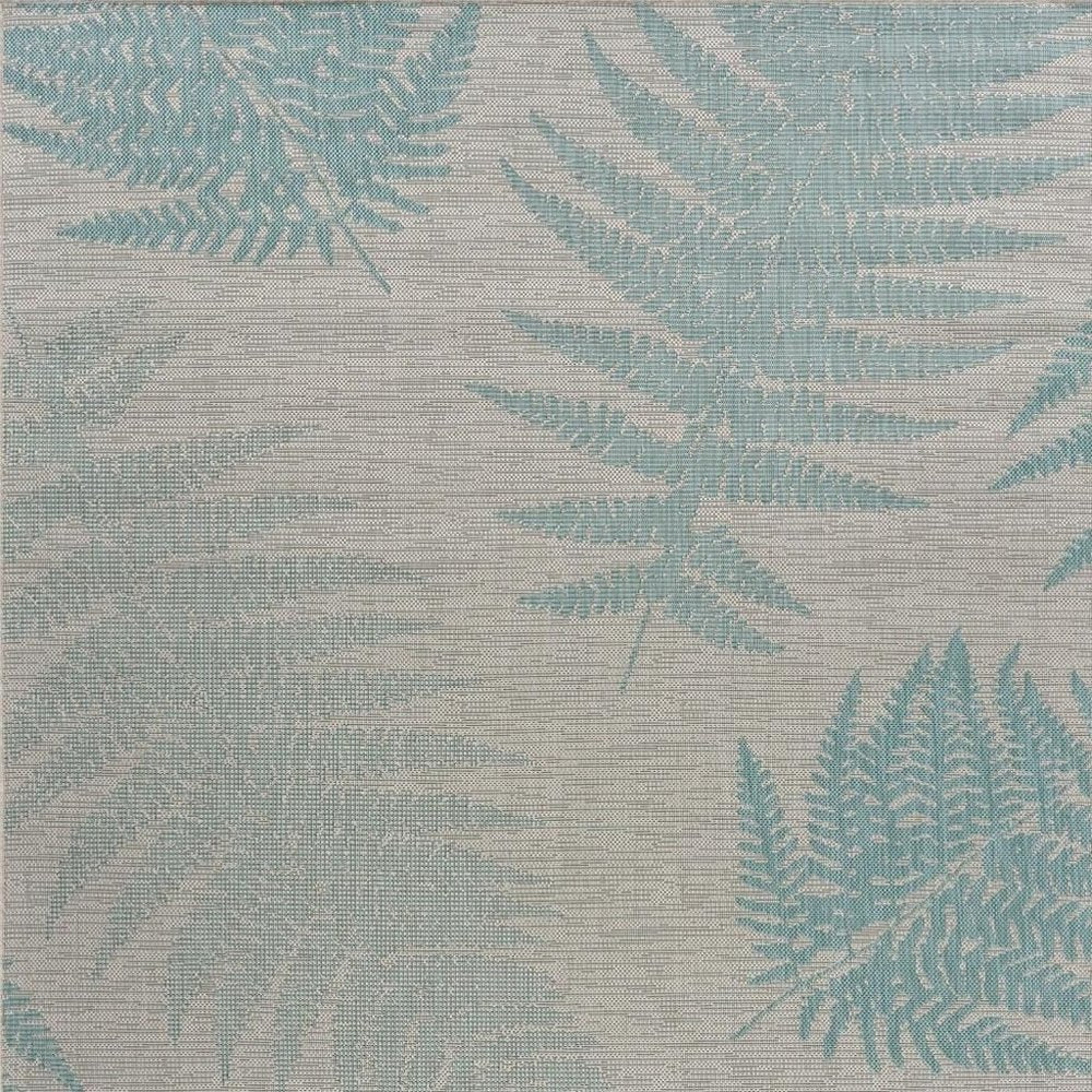 5' X 7' Beige And Teal Blue Fern Leave Indoor Outdoor Area Rug