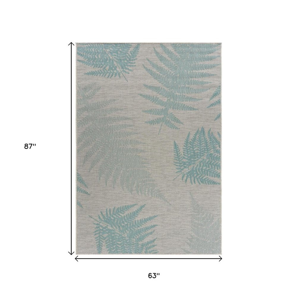 5' X 7' Beige And Teal Blue Fern Leave Indoor Outdoor Area Rug