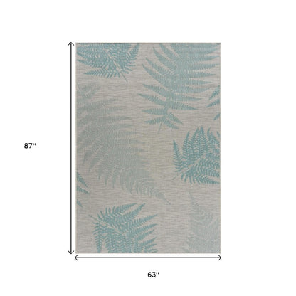 5' X 7' Beige And Teal Blue Fern Leave Indoor Outdoor Area Rug