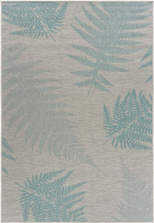 5' X 7' Beige And Teal Blue Fern Leave Indoor Outdoor Area Rug