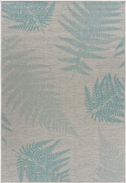 5' X 7' Beige And Teal Blue Fern Leave Indoor Outdoor Area Rug