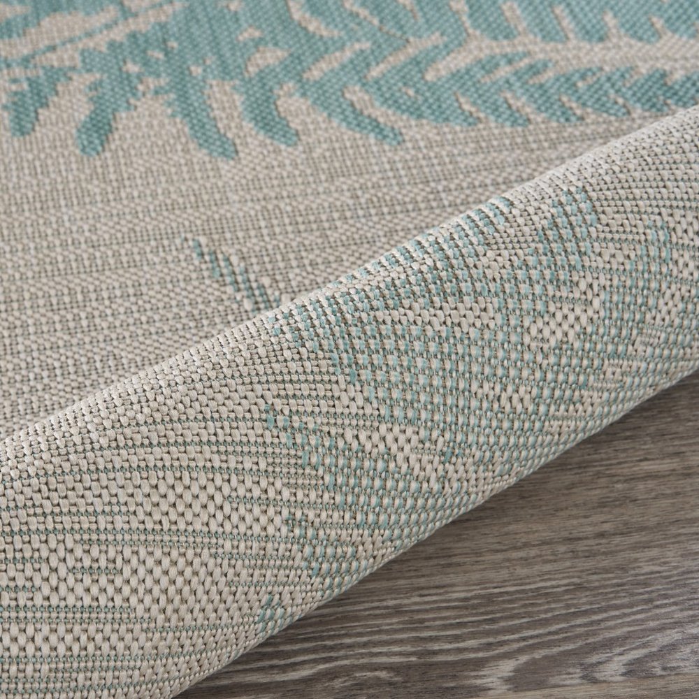 5' X 7' Beige And Teal Blue Fern Leave Indoor Outdoor Area Rug