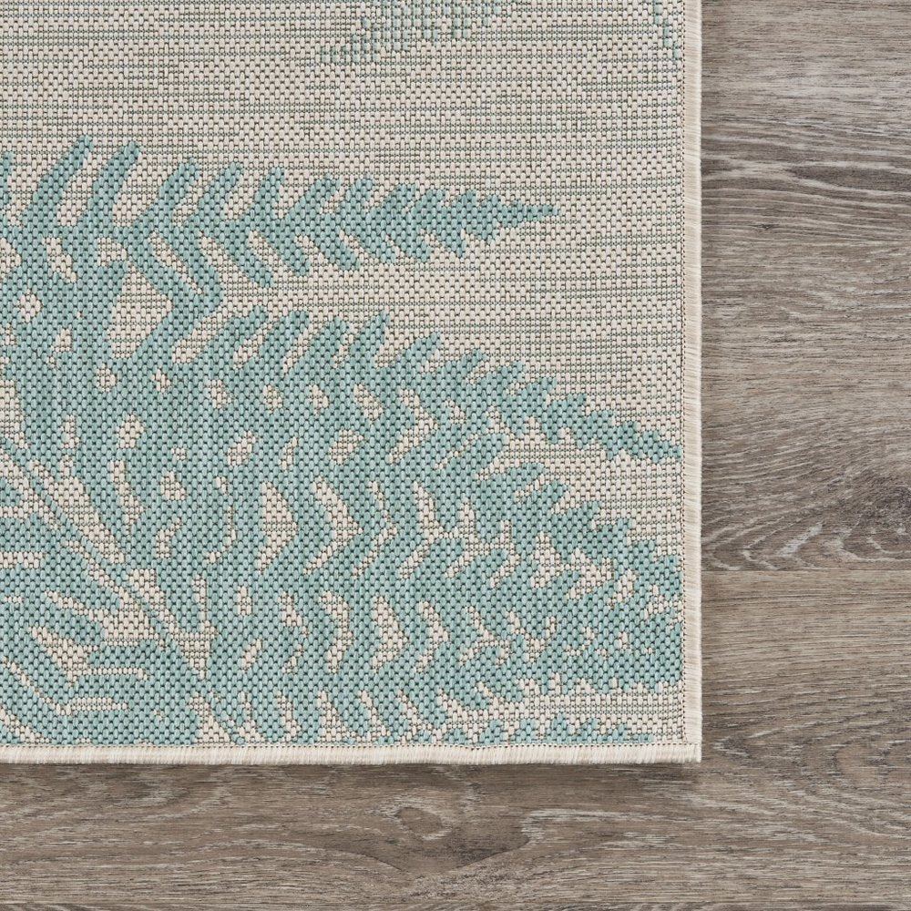 5' X 7' Beige And Teal Blue Fern Leave Indoor Outdoor Area Rug