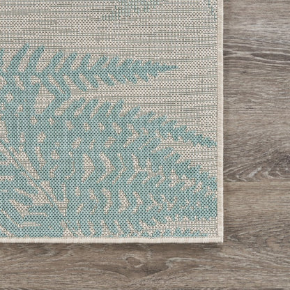 5' X 7' Beige And Teal Blue Fern Leave Indoor Outdoor Area Rug