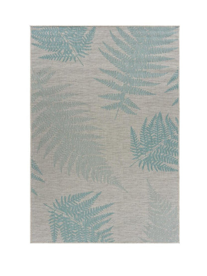 5' X 7' Beige And Teal Blue Fern Leave Indoor Outdoor Area Rug