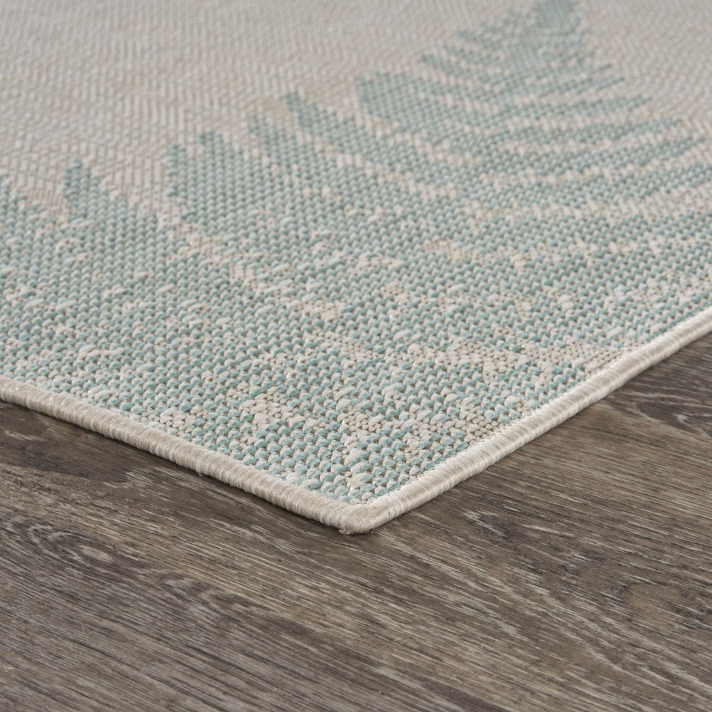 5' X 7' Beige And Teal Blue Fern Leave Indoor Outdoor Area Rug