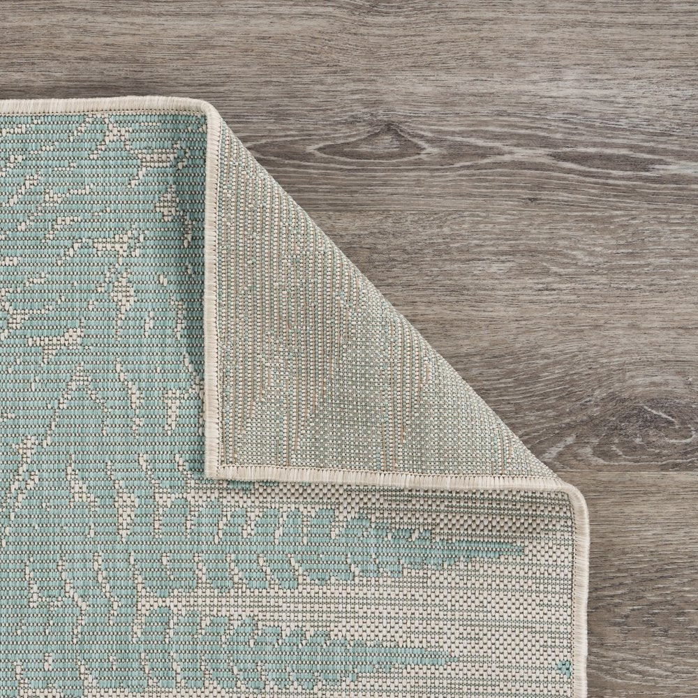 5' X 7' Beige And Teal Blue Fern Leave Indoor Outdoor Area Rug