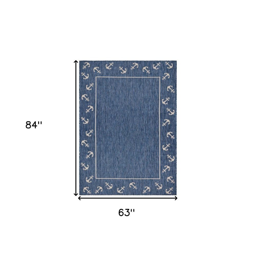 5' X 7' Blue and Natural Nautical Anchor Indoor Outdoor Area Rug