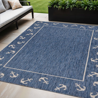 5' X 7' Blue and Natural Nautical Anchor Indoor Outdoor Area Rug