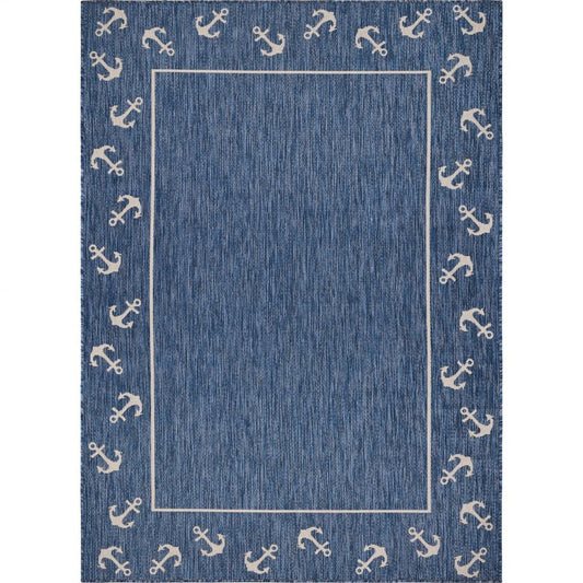 5' X 7' Blue and Natural Nautical Anchor Indoor Outdoor Area Rug