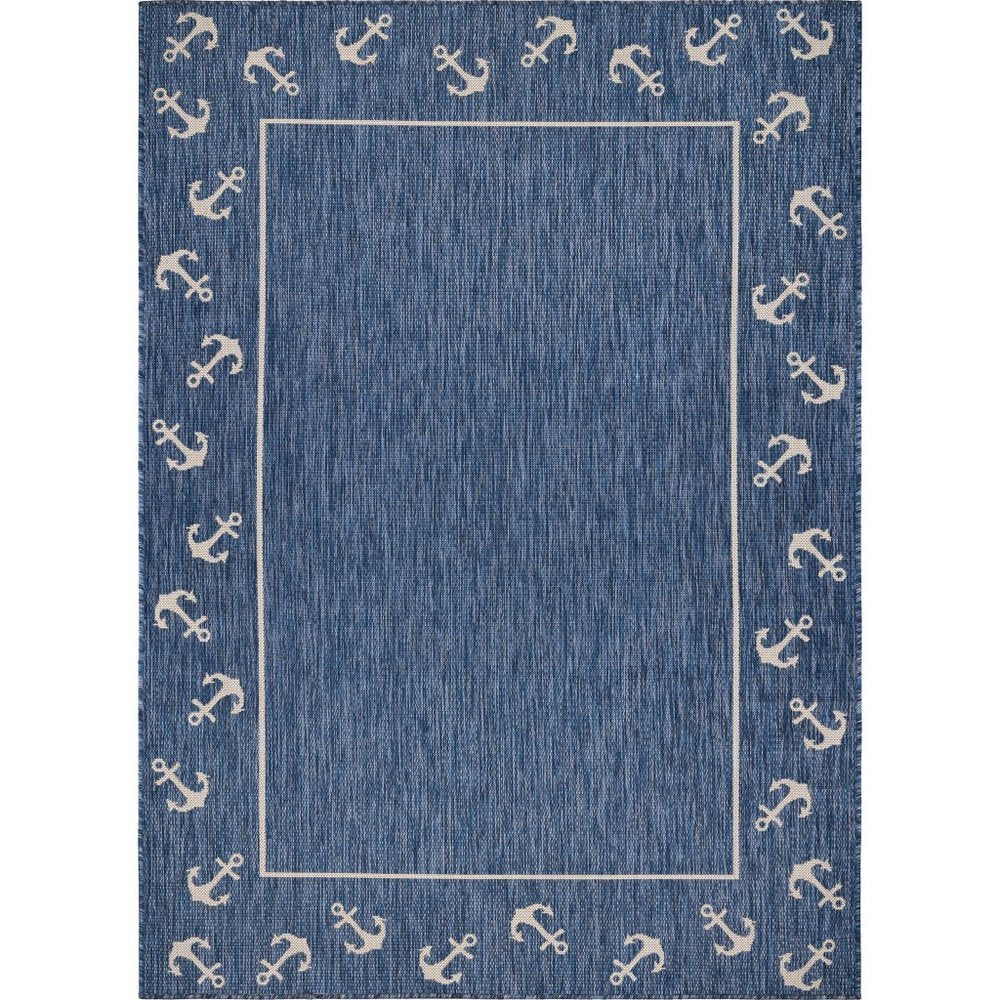 5' X 7' Blue and Natural Nautical Anchor Indoor Outdoor Area Rug