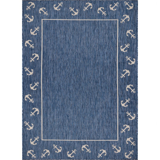 5' X 7' Blue and Natural Nautical Anchor Indoor Outdoor Area Rug