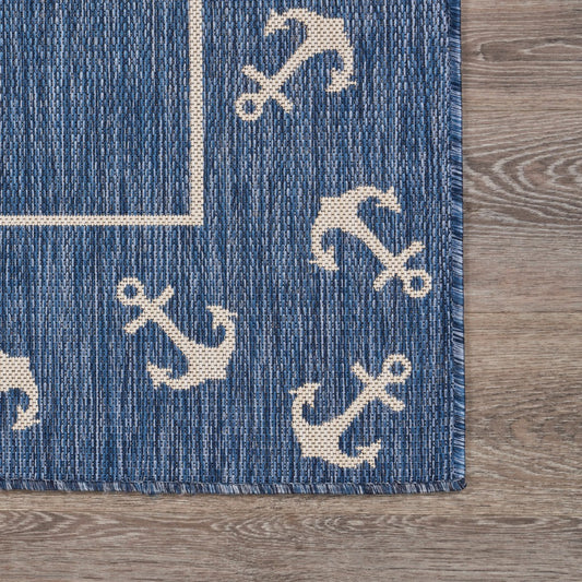 8' X 9' Blue and Natural Nautical Anchor Indoor Outdoor Area Rug