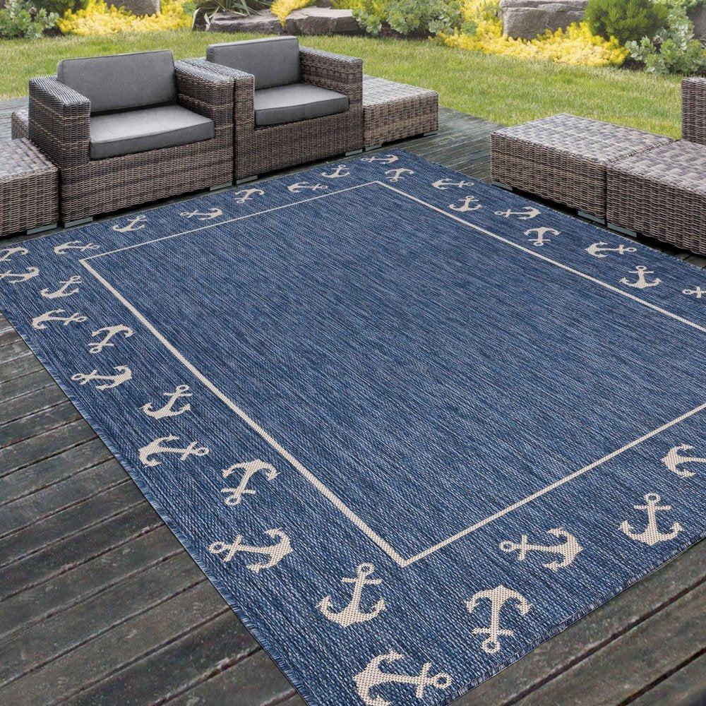 5' X 7' Blue and Natural Nautical Anchor Indoor Outdoor Area Rug