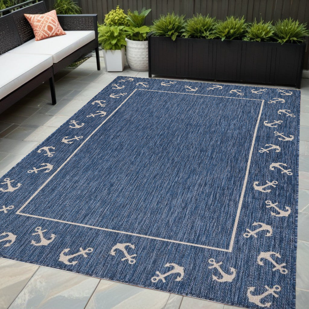 5' X 7' Blue and Natural Nautical Anchor Indoor Outdoor Area Rug