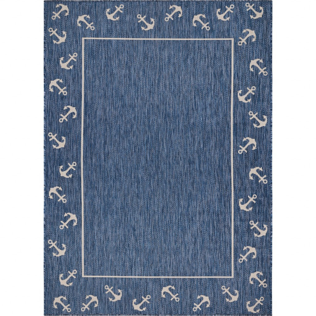 5' X 7' Blue and Natural Nautical Anchor Indoor Outdoor Area Rug