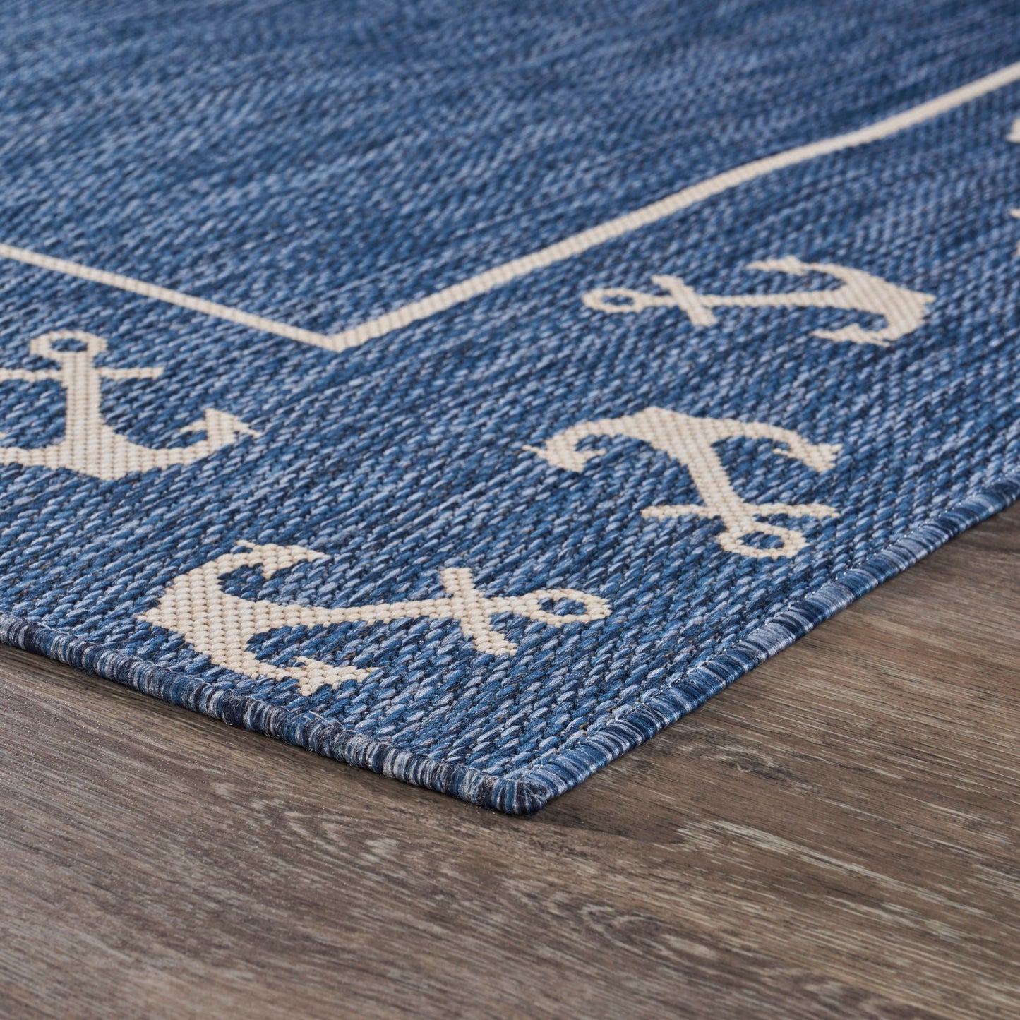 5' X 7' Blue and Natural Nautical Anchor Indoor Outdoor Area Rug