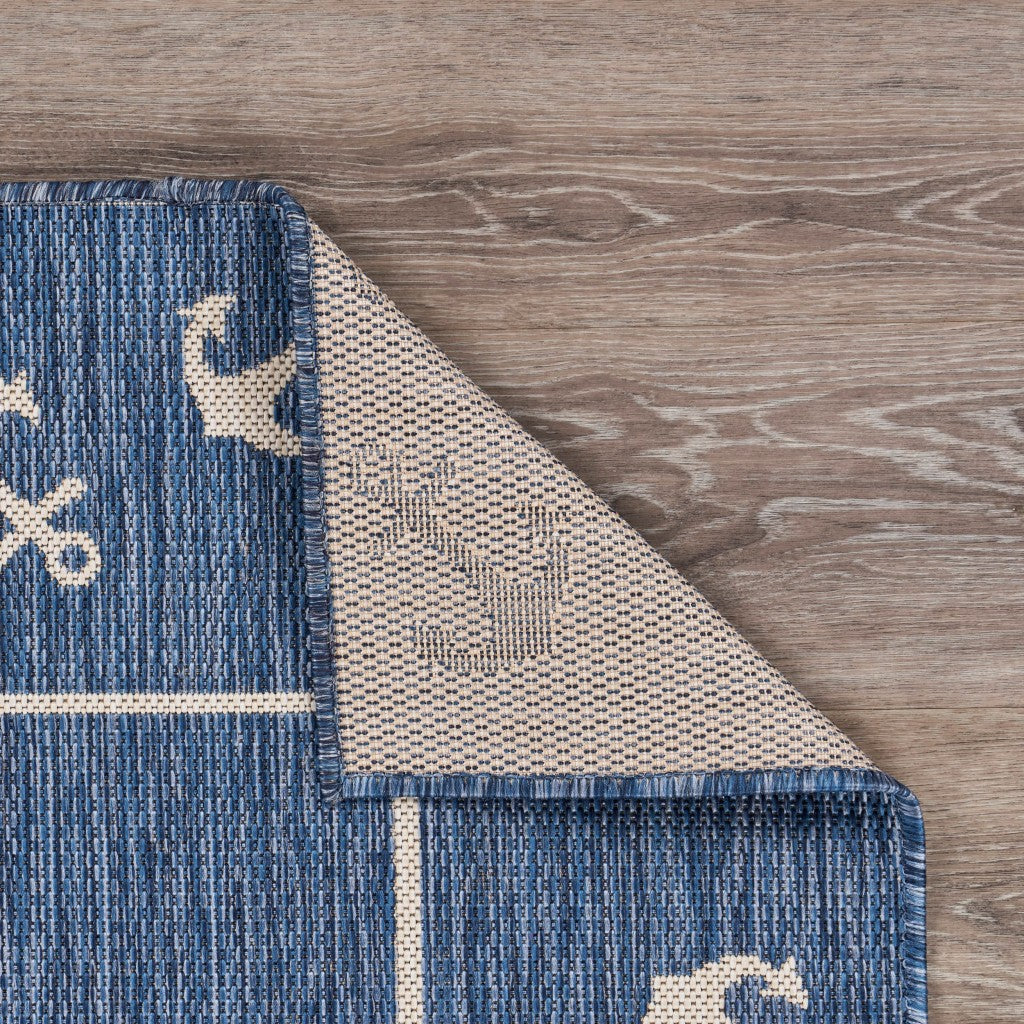 5' X 7' Blue and Natural Nautical Anchor Indoor Outdoor Area Rug