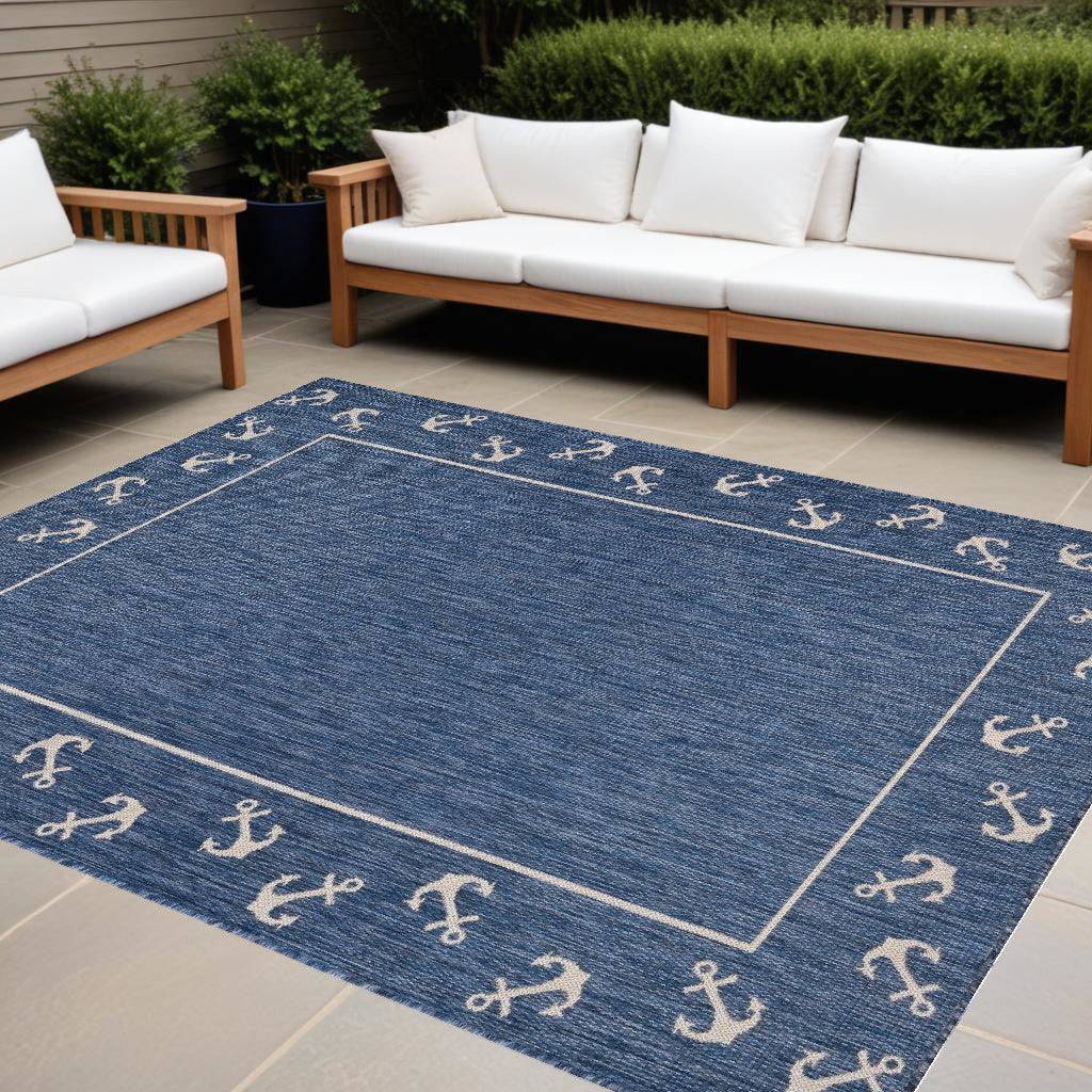 5' X 7' Blue and Natural Nautical Anchor Indoor Outdoor Area Rug