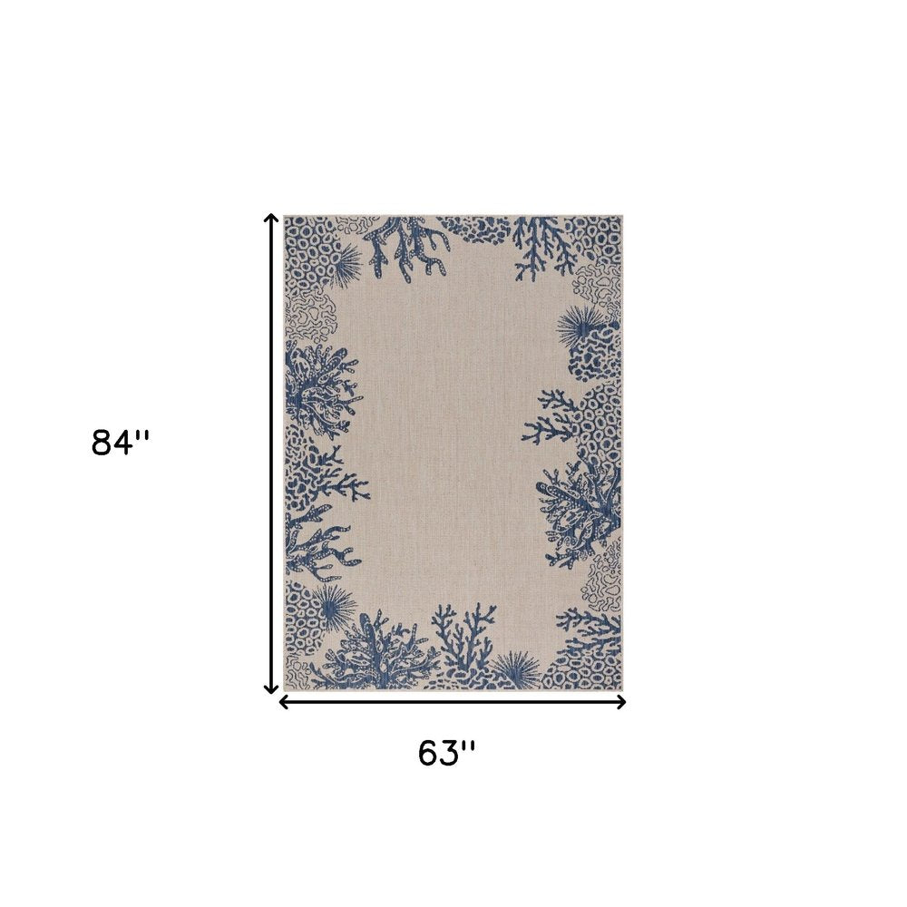 5' X 7' Beige And Blue Coral Indoor Outdoor Area Rug
