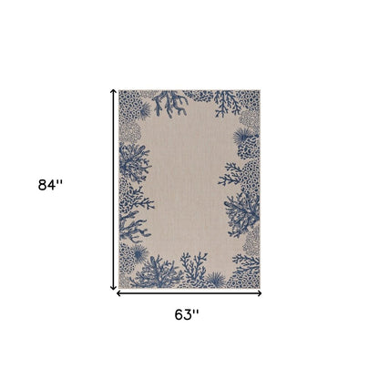 5' X 7' Beige And Blue Coral Indoor Outdoor Area Rug