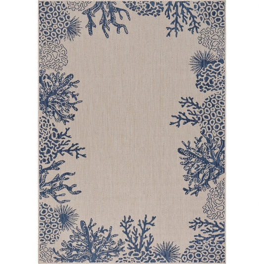 5' x 7' Beige and Blue Coral Stain Resistant Indoor Outdoor Area Rug