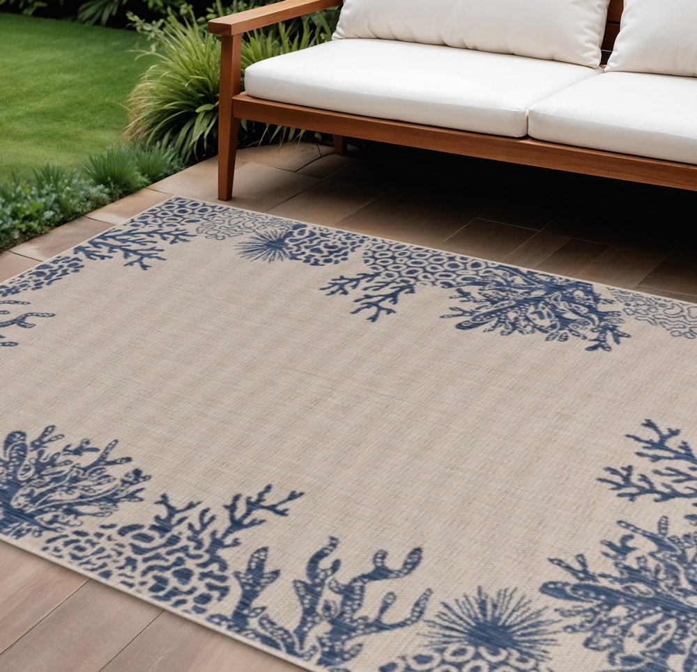 5' X 7' Beige And Blue Coral Indoor Outdoor Area Rug