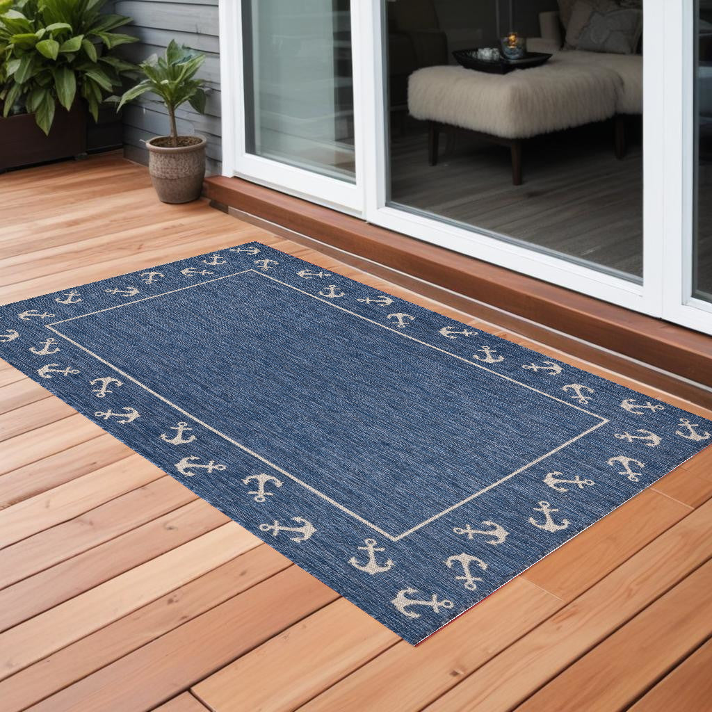 5' X 7' Blue and Natural Nautical Anchor Indoor Outdoor Area Rug