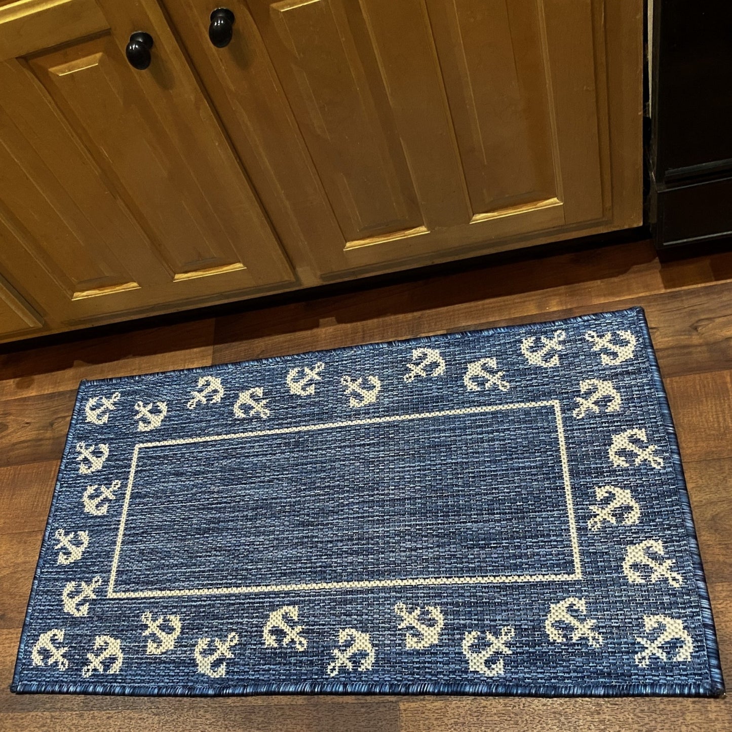 5' X 7' Blue and Natural Nautical Anchor Indoor Outdoor Area Rug