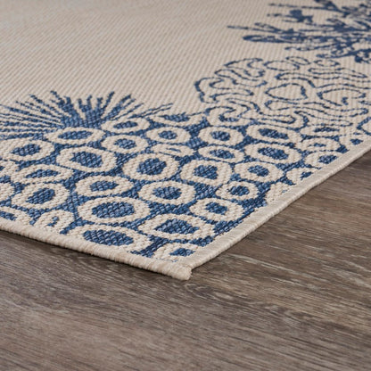 2' X 3' Beige and Blue Coral Stain Resistant Indoor Outdoor Area Rug
