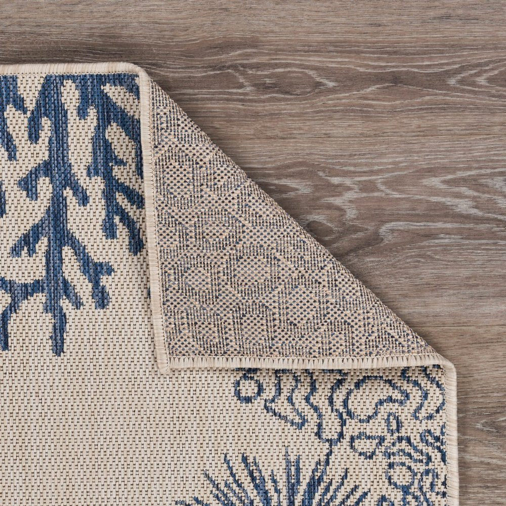 2' X 3' Beige and Blue Coral Stain Resistant Indoor Outdoor Area Rug