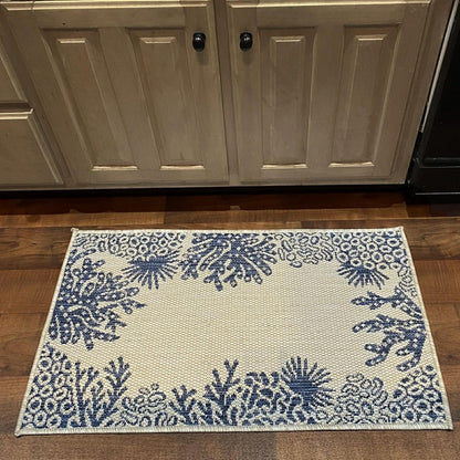 2' X 3' Beige and Blue Coral Stain Resistant Indoor Outdoor Area Rug