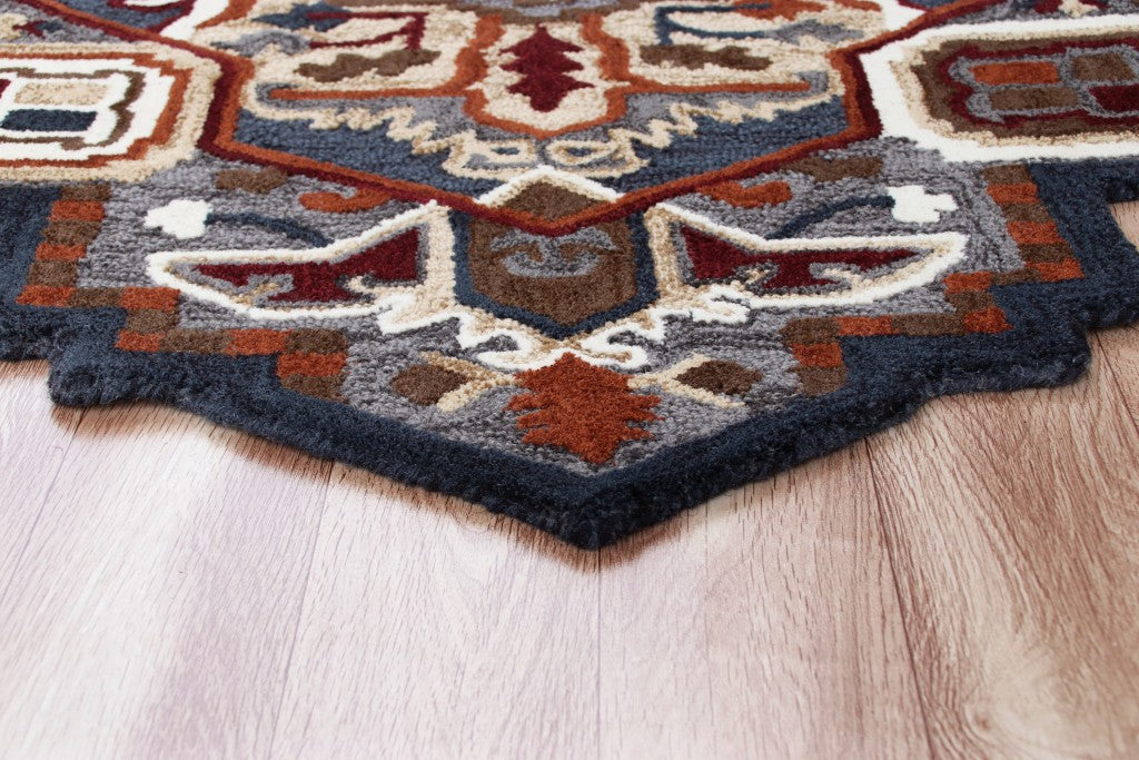 7' Maroon and Gray Medallion Area Rug