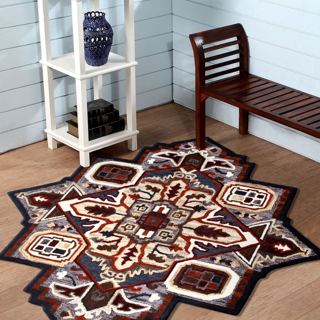 7' Maroon and Gray Medallion Area Rug