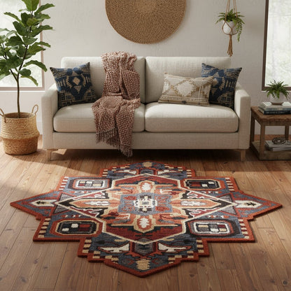 5' X 5' Blue Rust And Orange Wool Medallion Hand Tufted Area Rug