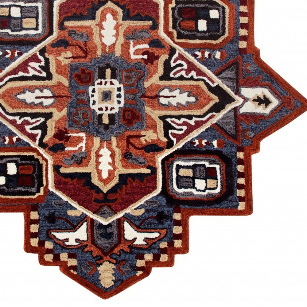 5' X 5' Blue Rust And Orange Wool Medallion Hand Tufted Area Rug