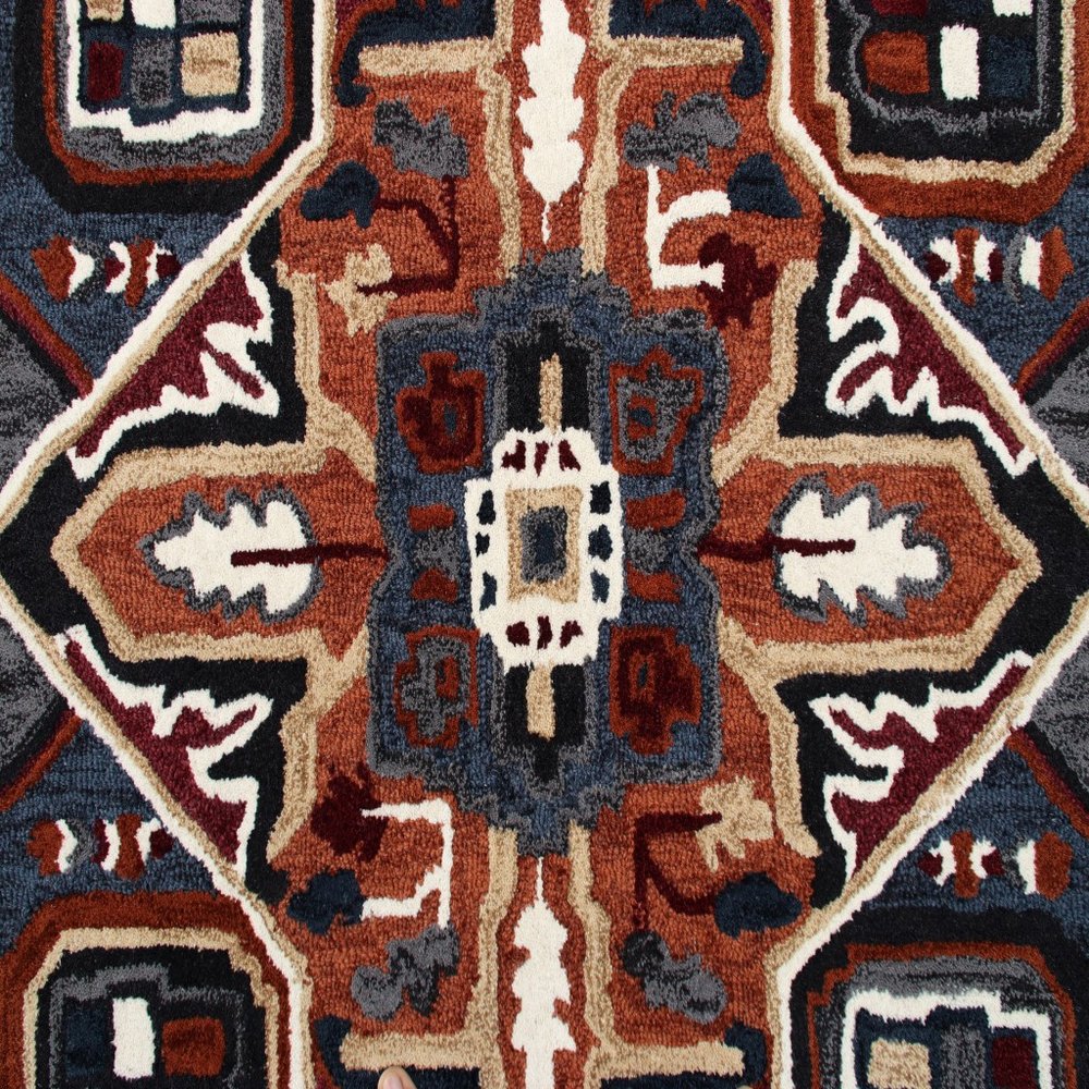 5' X 5' Blue Rust And Orange Wool Medallion Hand Tufted Area Rug