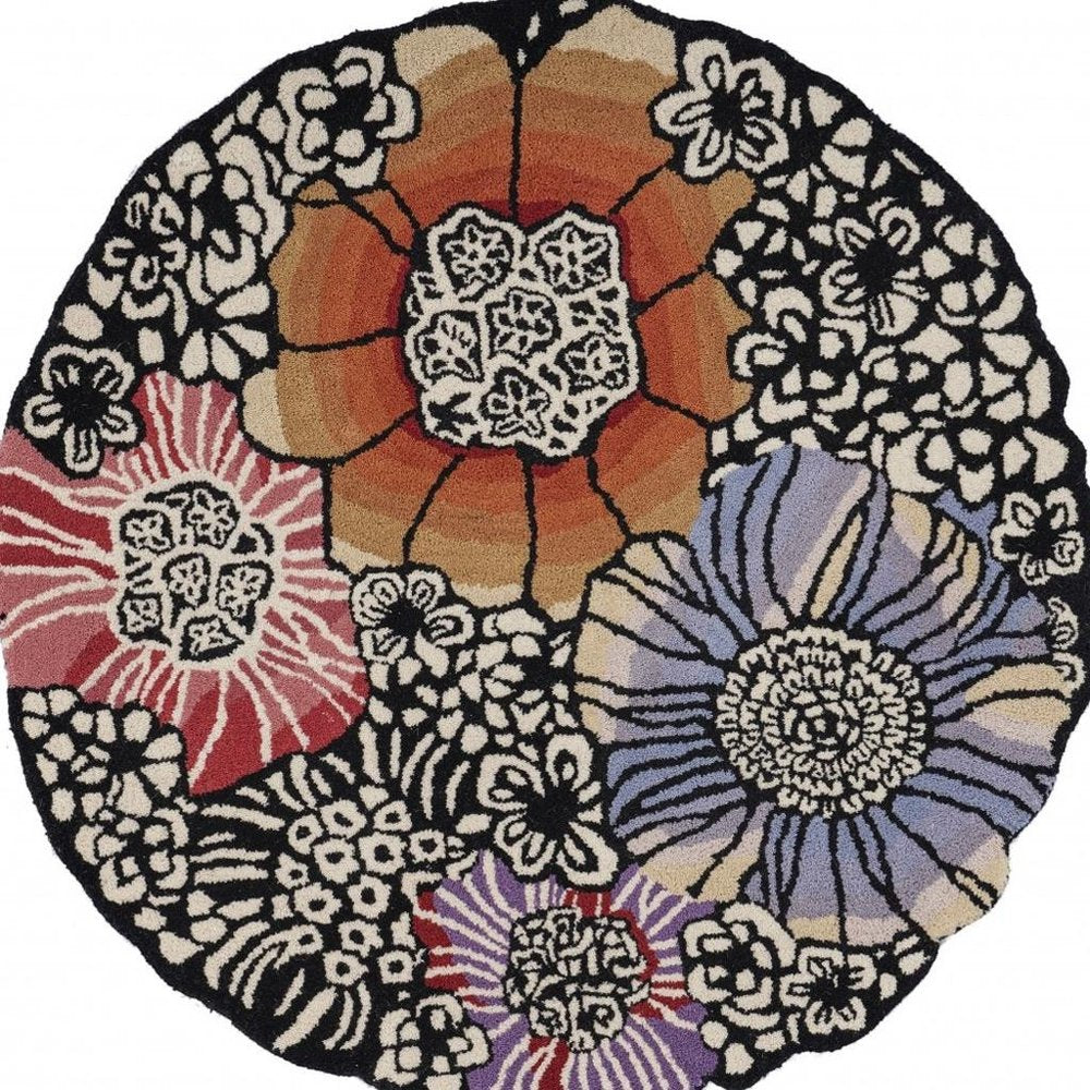 6' Round Red and Black Floral Blossom Area Rug