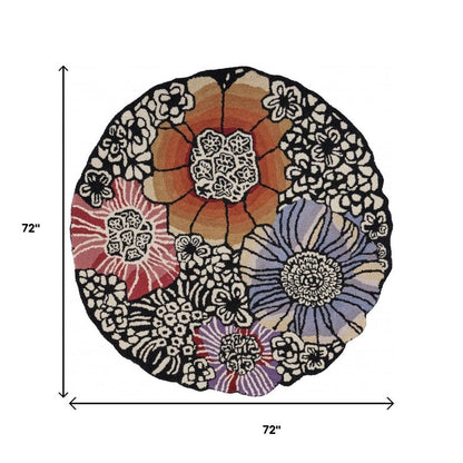 6' Round Red and Black Floral Blossom Area Rug