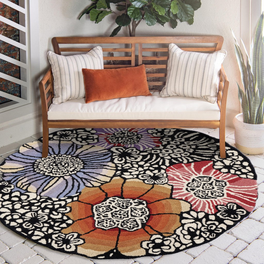 6' Round Red and Black Floral Blossom Area Rug