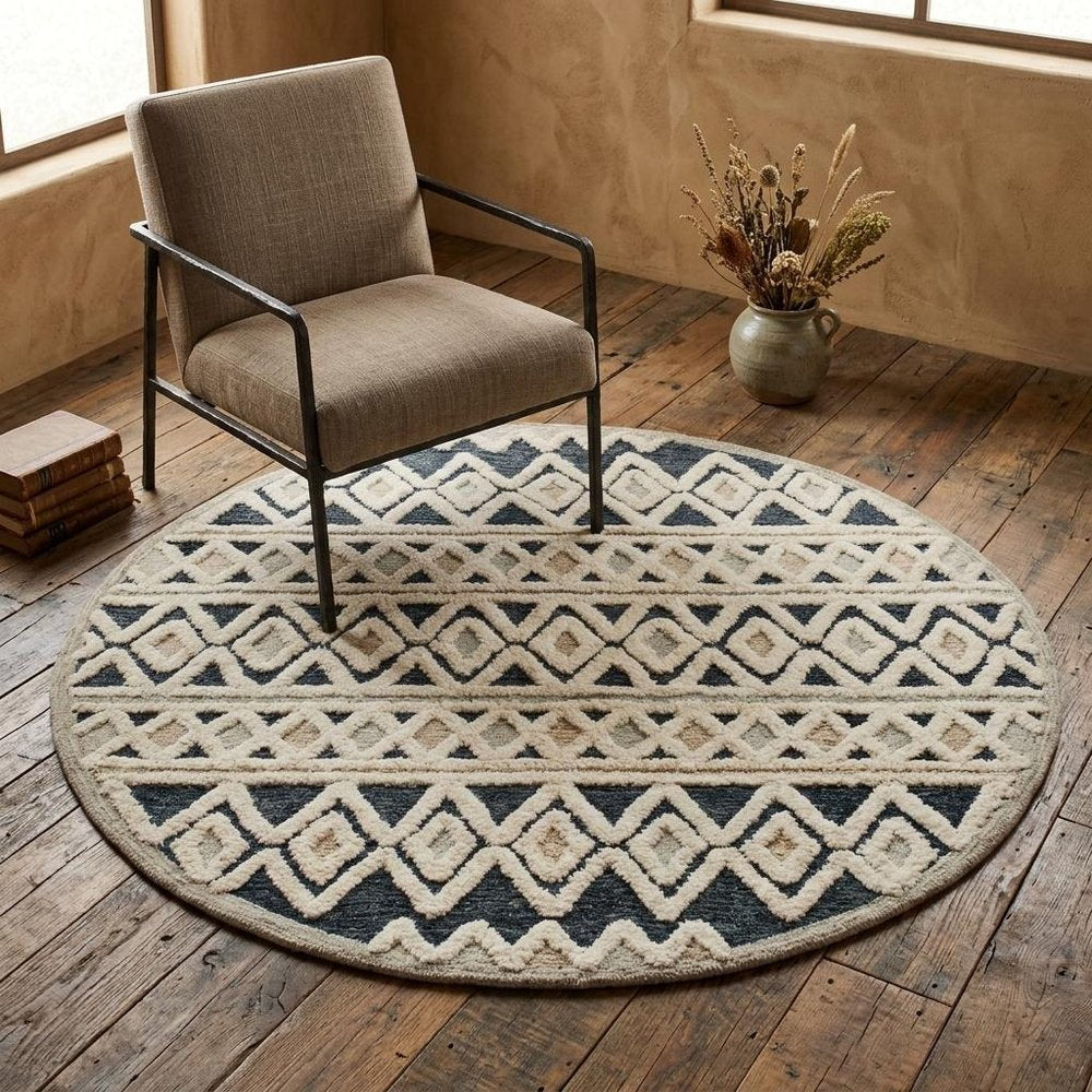 4' Round Blue and Cream Stripe Diamond Area Rug