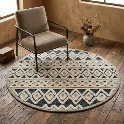 4' Round Blue and Cream Stripe Diamond Area Rug