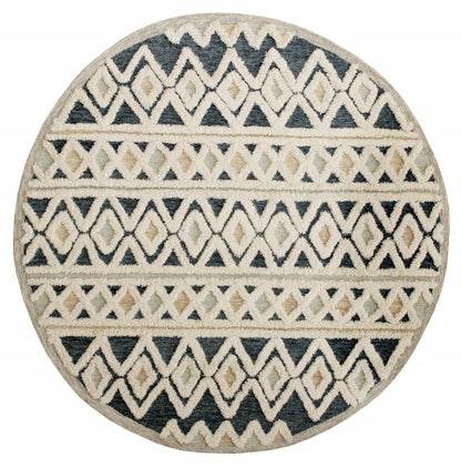 4' Round Blue and Cream Stripe Diamond Area Rug