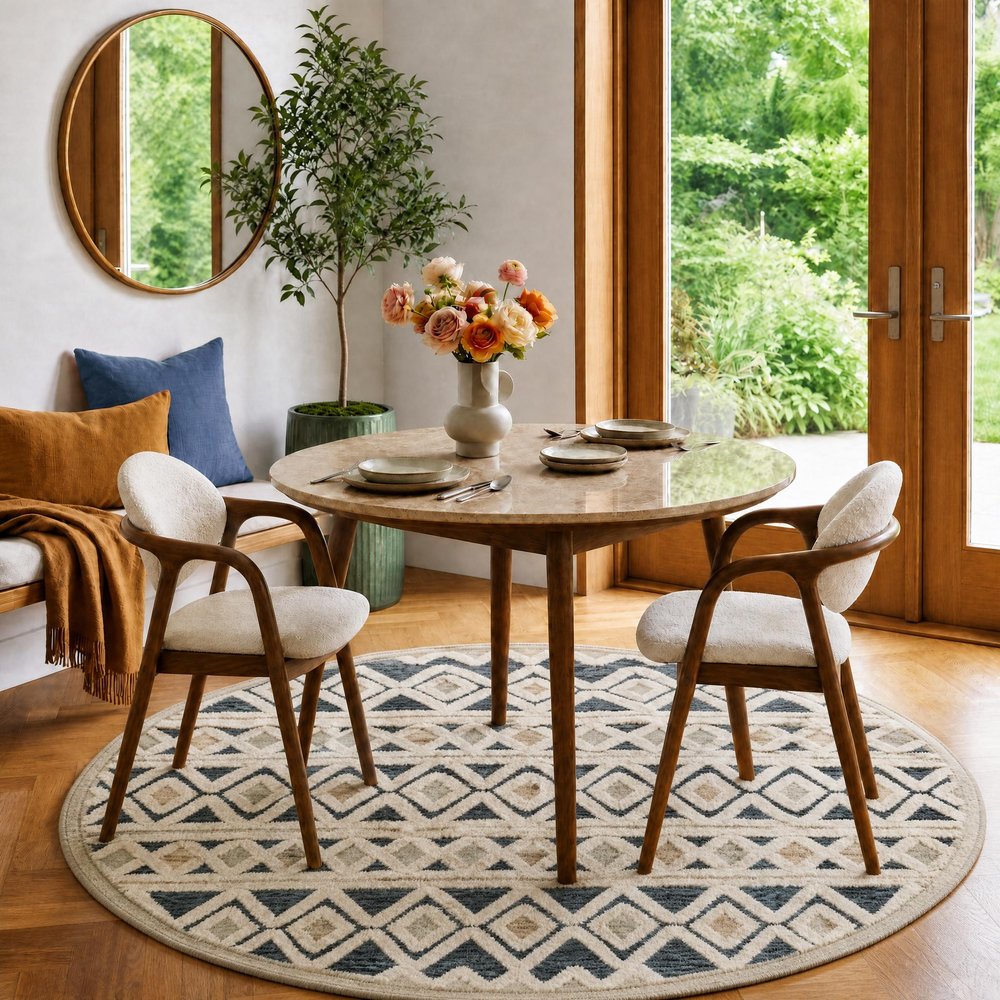 4' Round Blue and Cream Stripe Diamond Area Rug