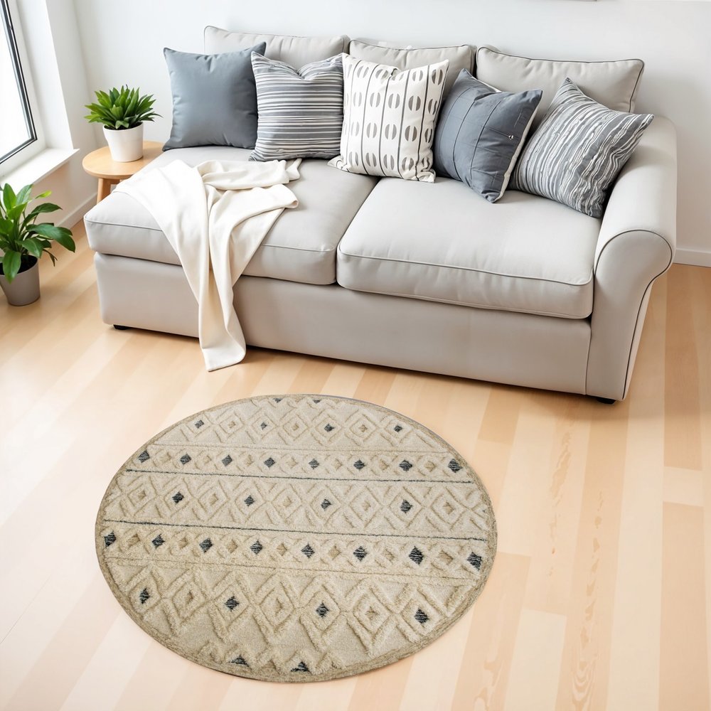 6' Round Cream and Blue Striped Diamonds Area Rug