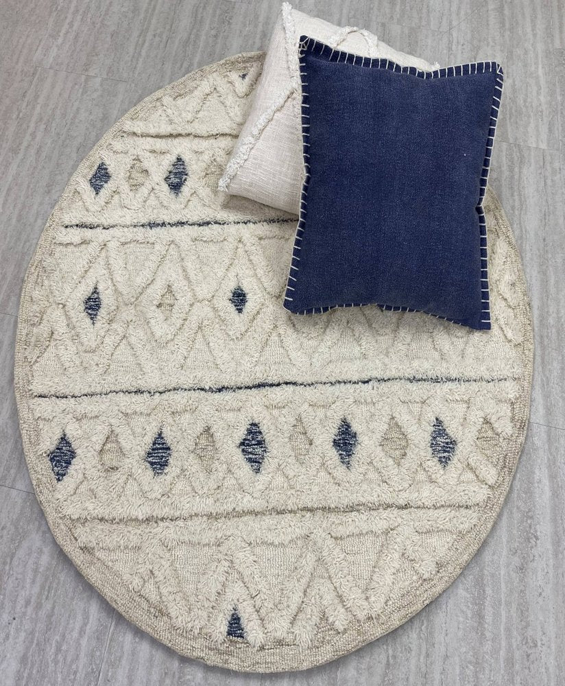 6' Round Cream and Blue Striped Diamonds Area Rug