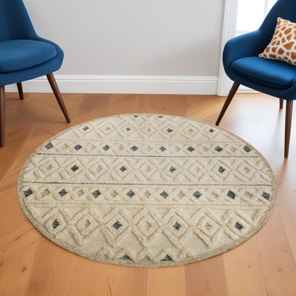 6' Round Cream and Blue Striped Diamonds Area Rug